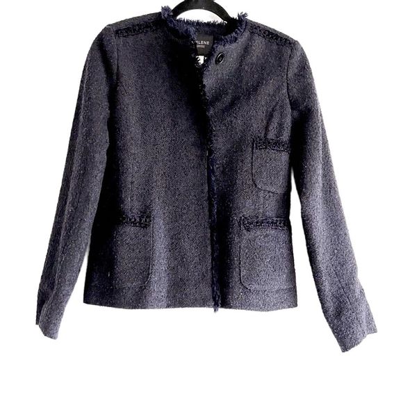 Helene Berman London Navy Blue Tweed Frayed Edge Buttondown Blazer Size XS